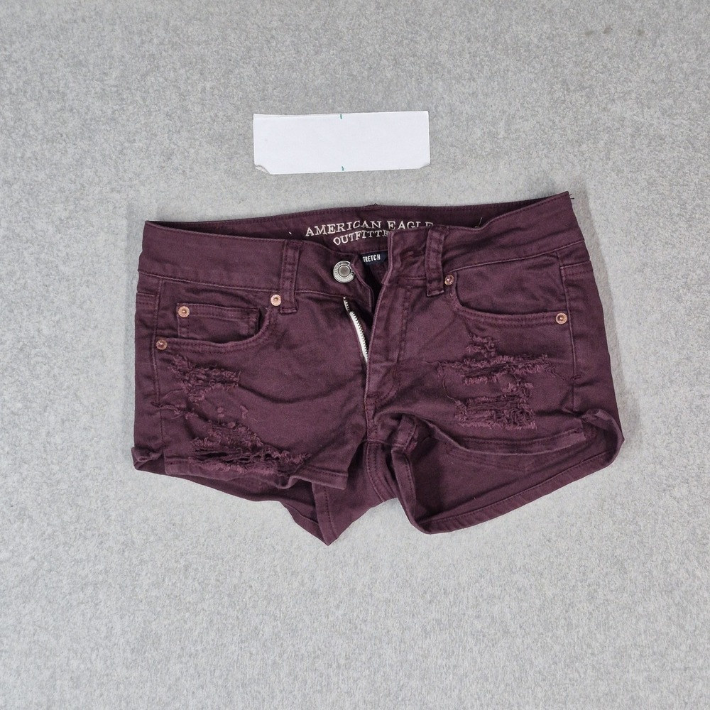 American Eagle Outfitters Women Shorts 2 Burgundy Denim‎ Shortie Distressed Logo